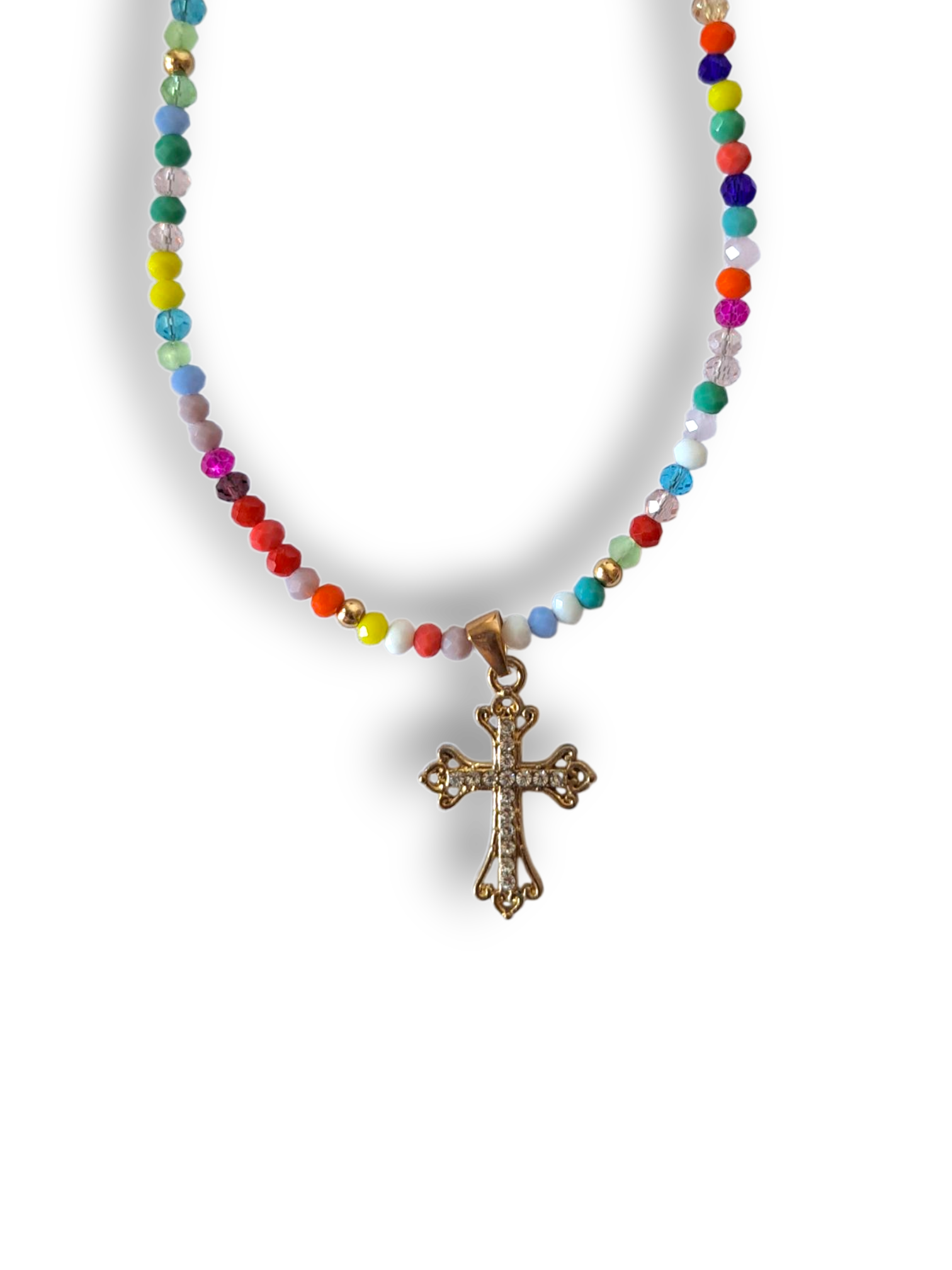 Collana di Perle Colorate con Croce di Pietrine